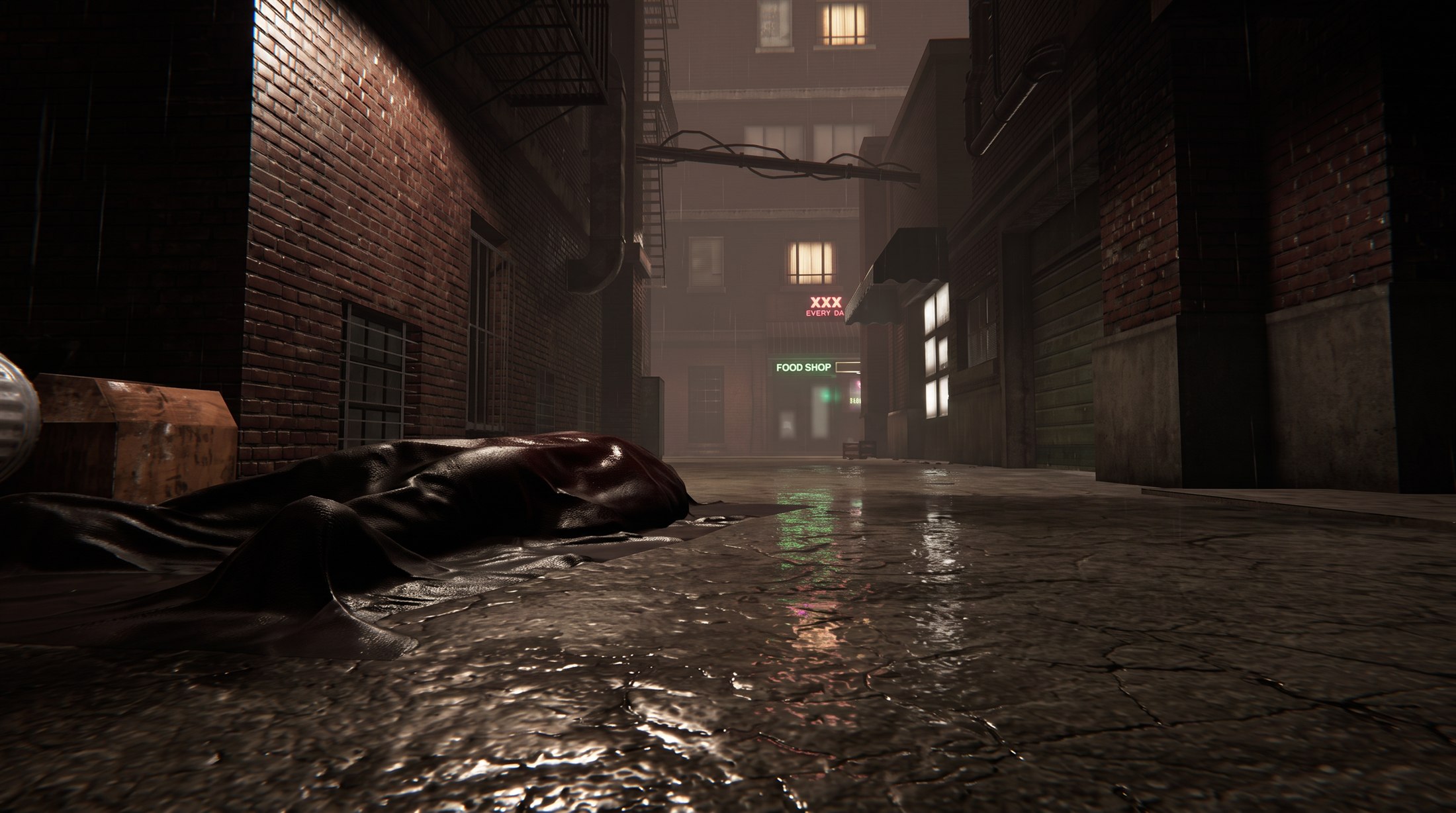 Road from Horno rain-soaked urban alley at night